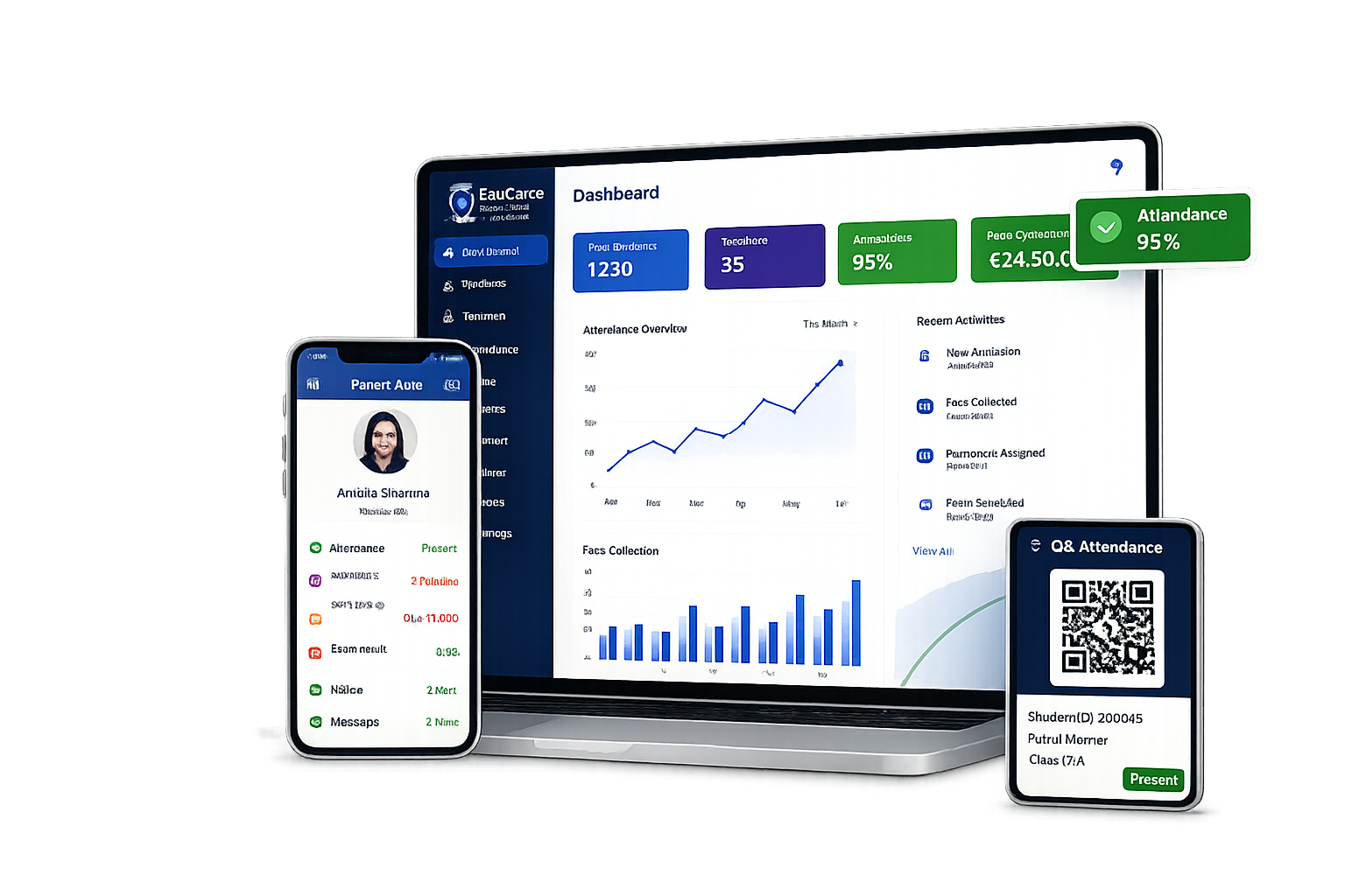 EduCare Prime school management software dashboard, parent app and QR attendance